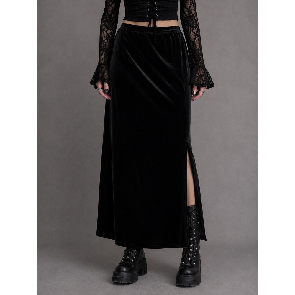 90s Black Velvet Maxi Skirt Whimsigoth Goth Side Slit Small Islander